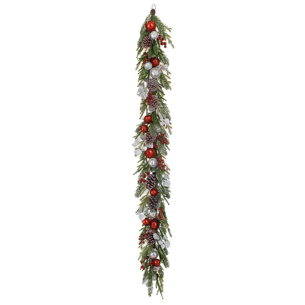 Sequin Ball/Berry/Pine Cone/Pine Garland, 6' (Red & Silver)