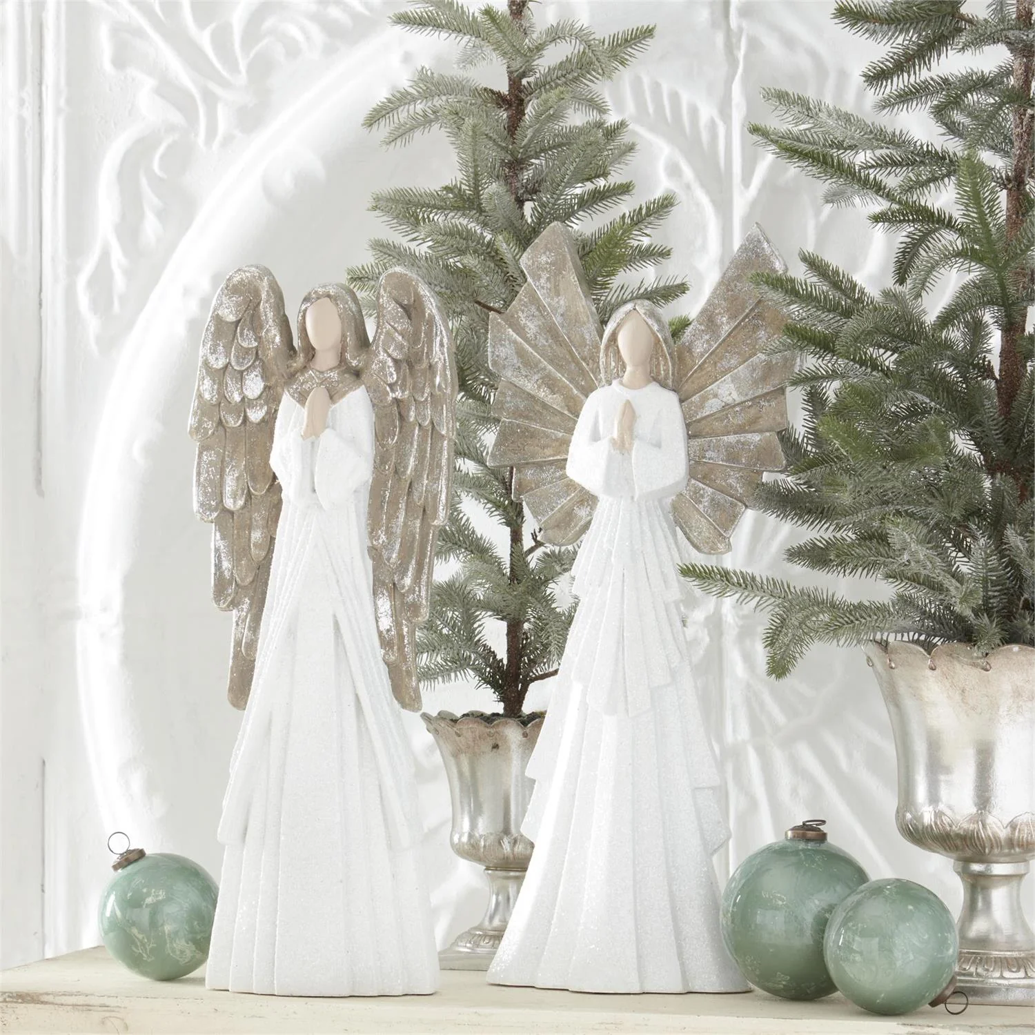 Set of 2 White Glittered Praying Angels - Image 2