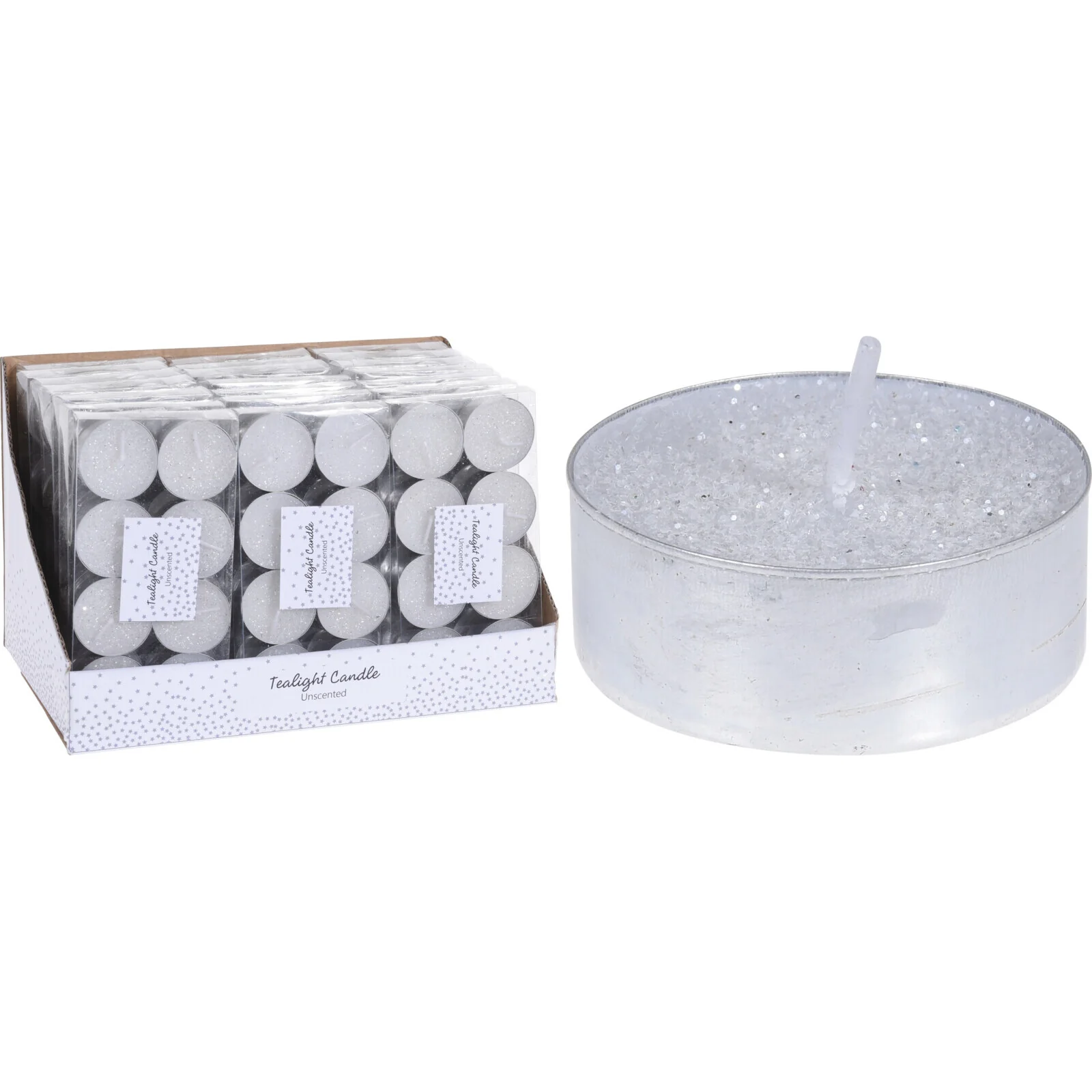 Set of 8 White Glittered Tea Lights (sold individually)