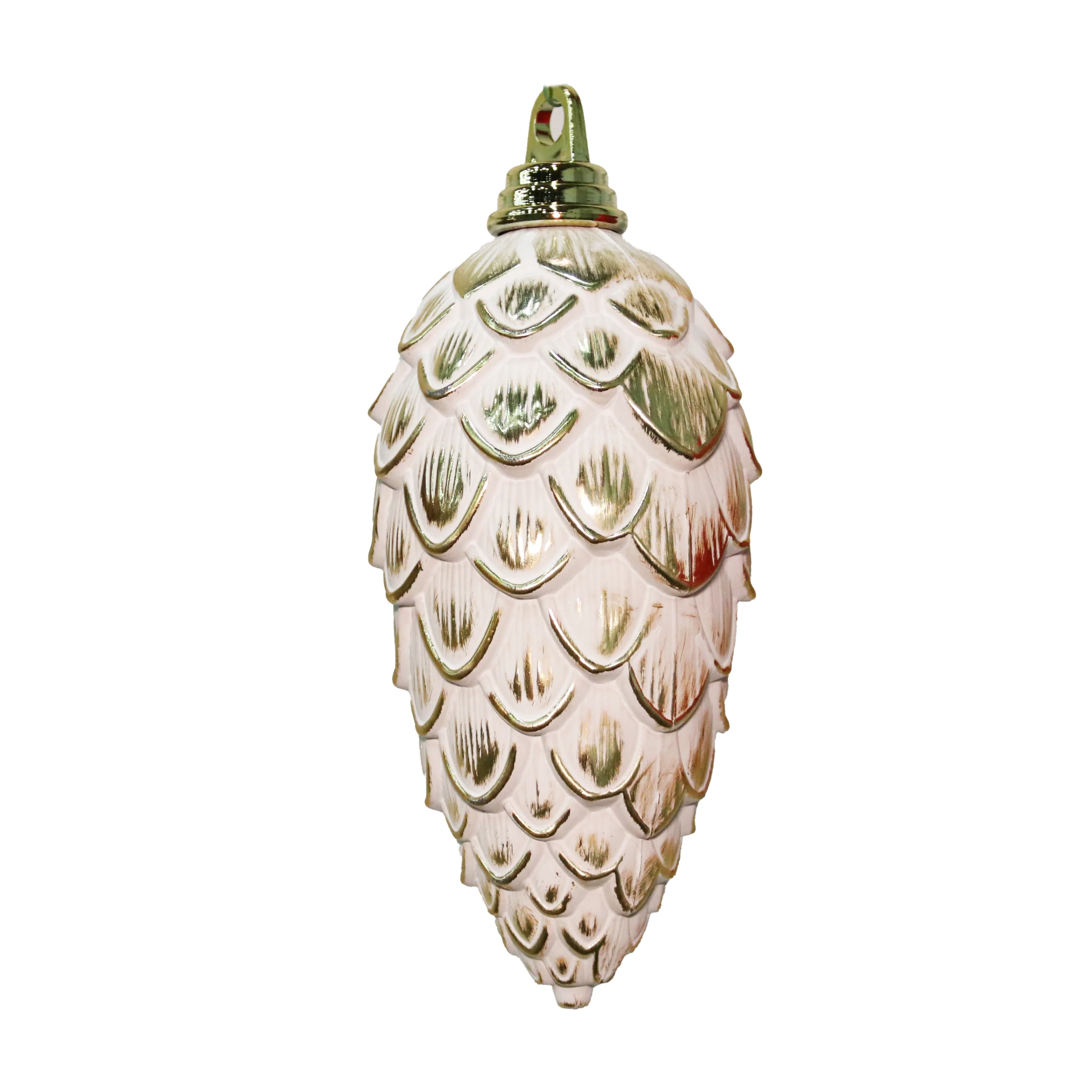 Shatterproof Gold W/White Shiny Pinecone Ornament W/Wire, 8"