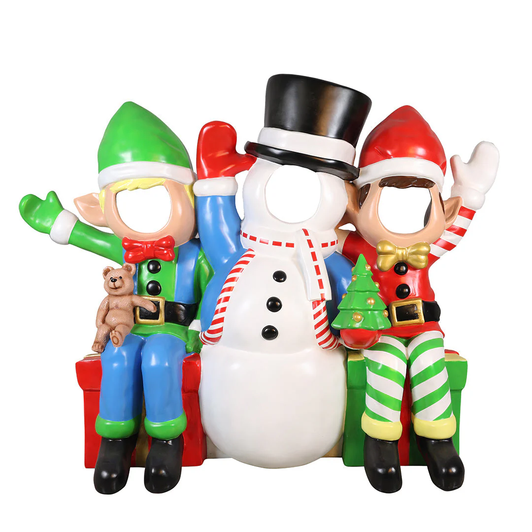 Large Fiberglass Snowman and Friends Photo Op, 69"