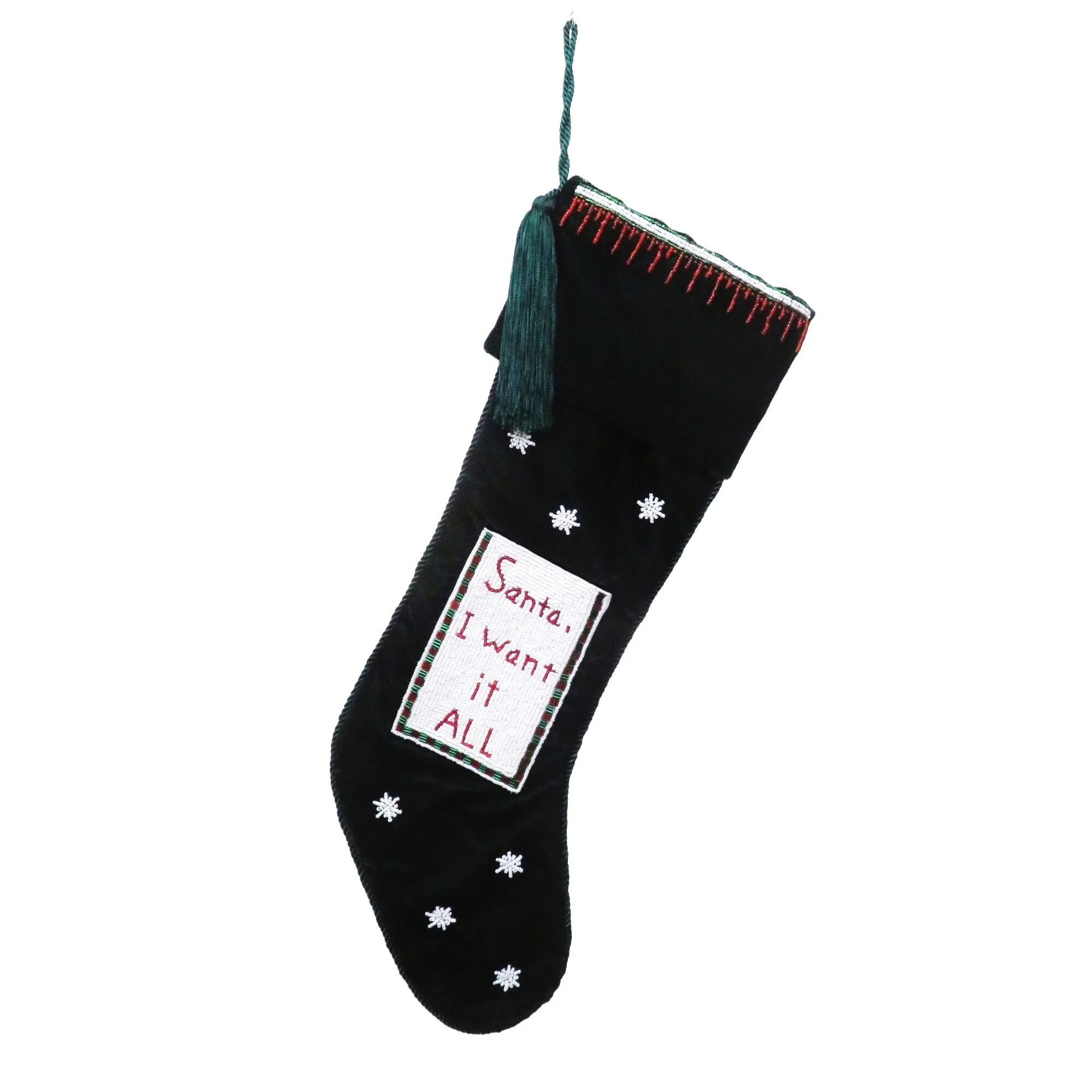 Stocking Green Ash Velvet W/ "Santa I Want It All" Long Pocket