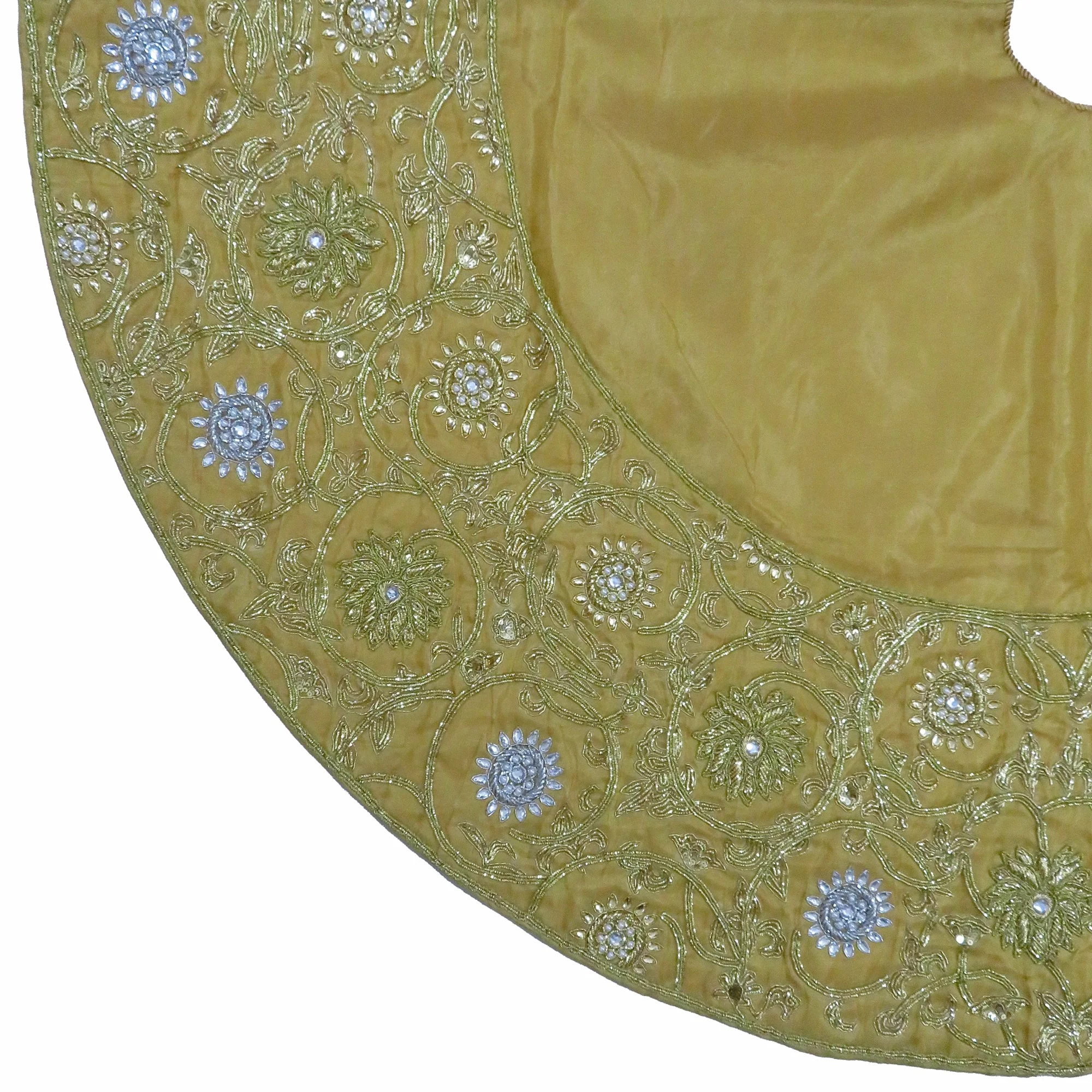 Tree Skirt Gold Tissue With Gold Swirl Embroidery - Silver & Gold Flowers, 60"