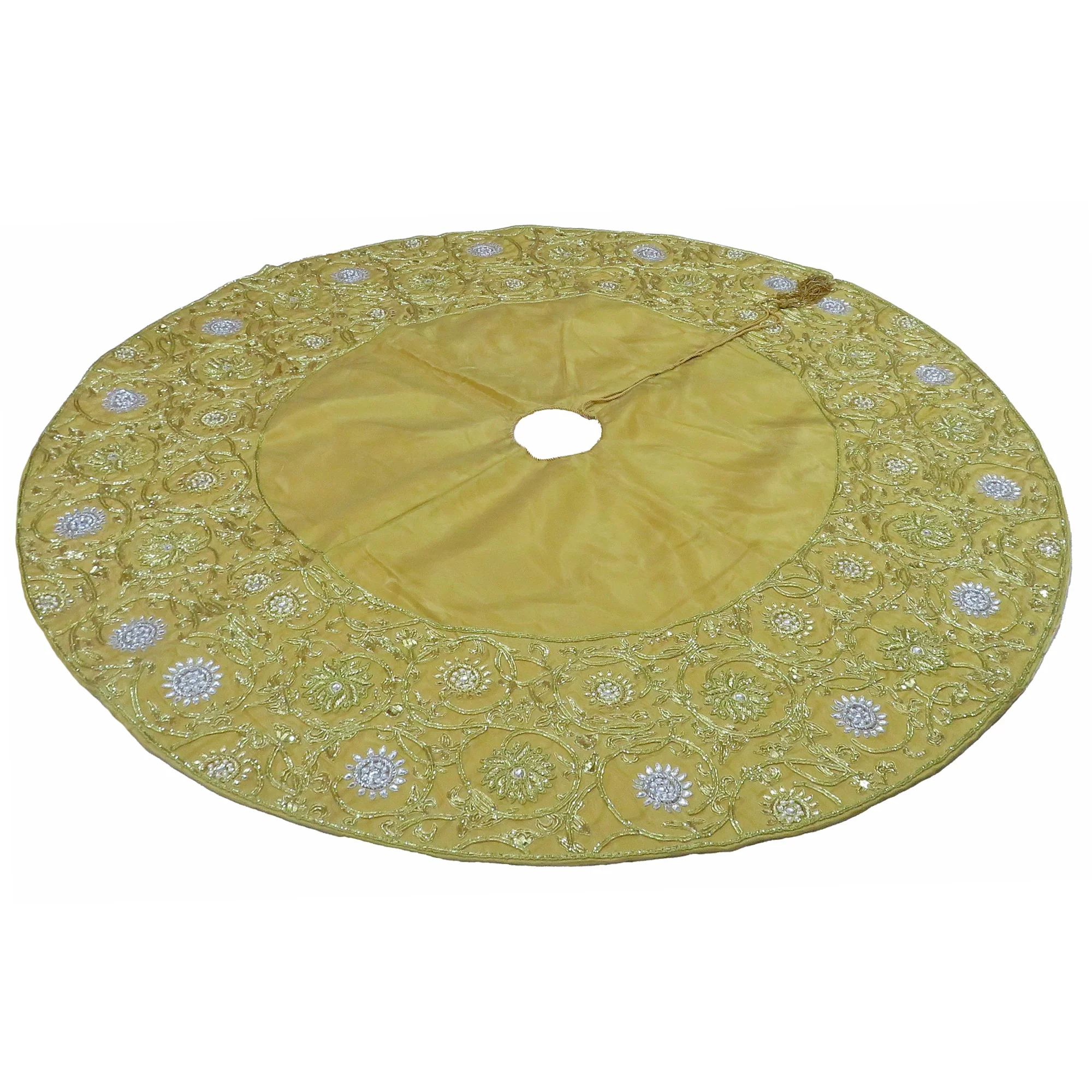 Tree Skirt Gold Tissue With Gold Swirl Embroidery - Silver & Gold Flowers, 60" - Image 2