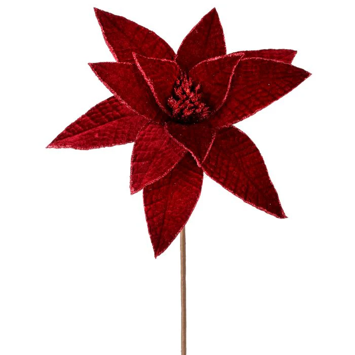 Velvet Glit Edge Jeweled Poinsettia Stem, 24" (Burgundy)