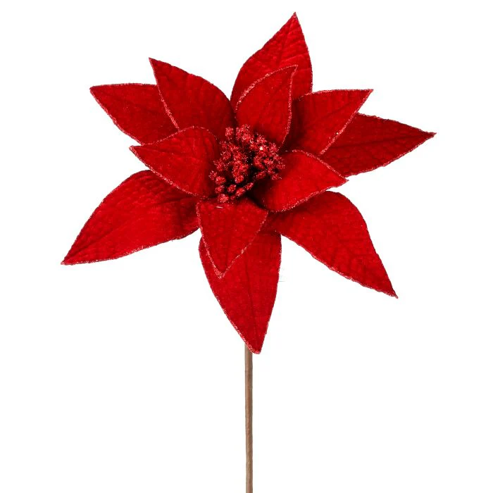 Velvet Glit Edge Jeweled Poinsettia Stem, 24" (Dark Red)