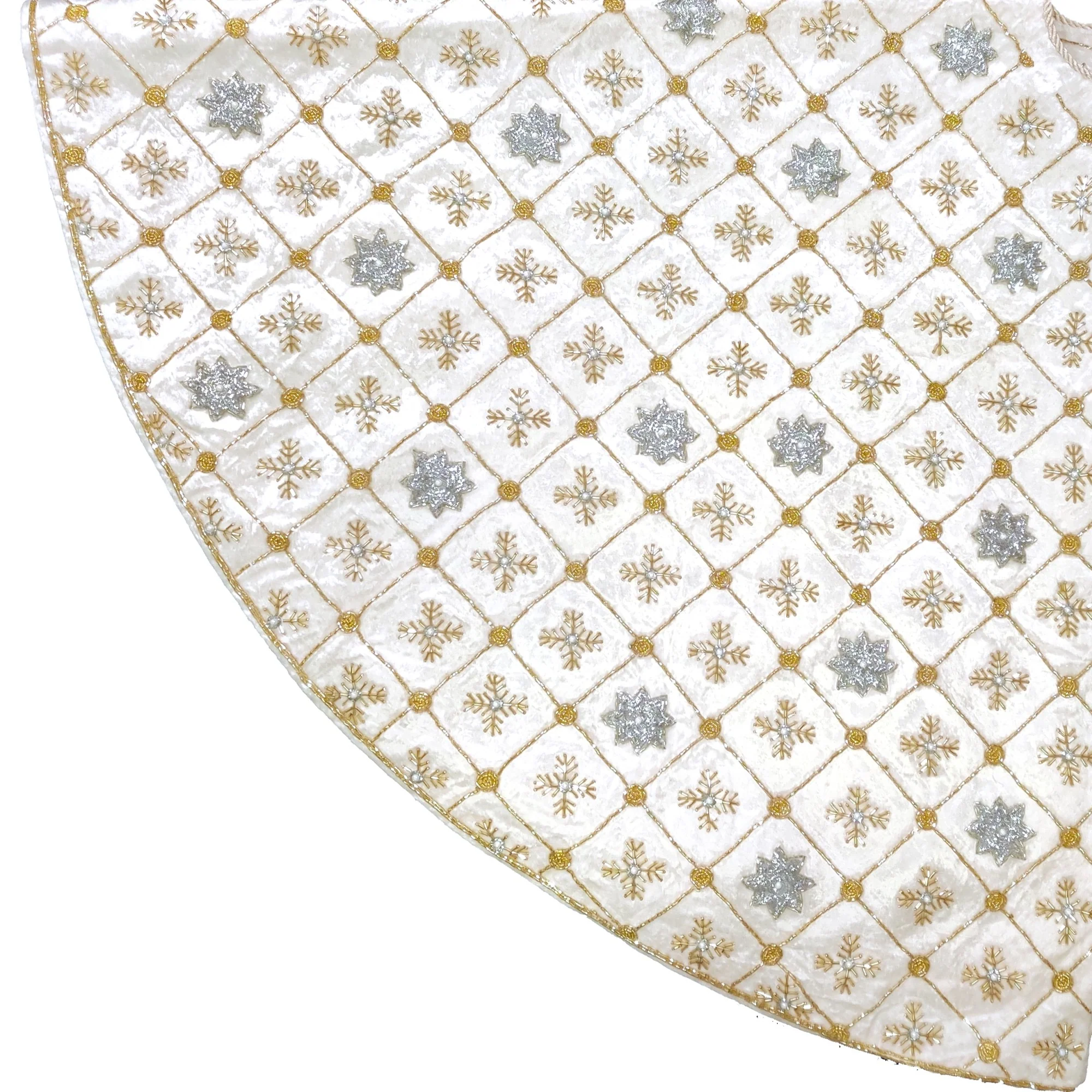 Velvet Off-White Tree Skirt W/ Silver & Gold Beaded Checks And Snowflakes, 60"