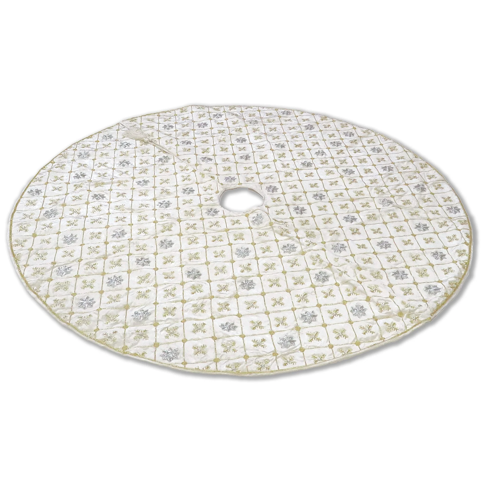 Velvet Off-White Tree Skirt W/ Silver & Gold Beaded Checks And Snowflakes, 60" - Image 2
