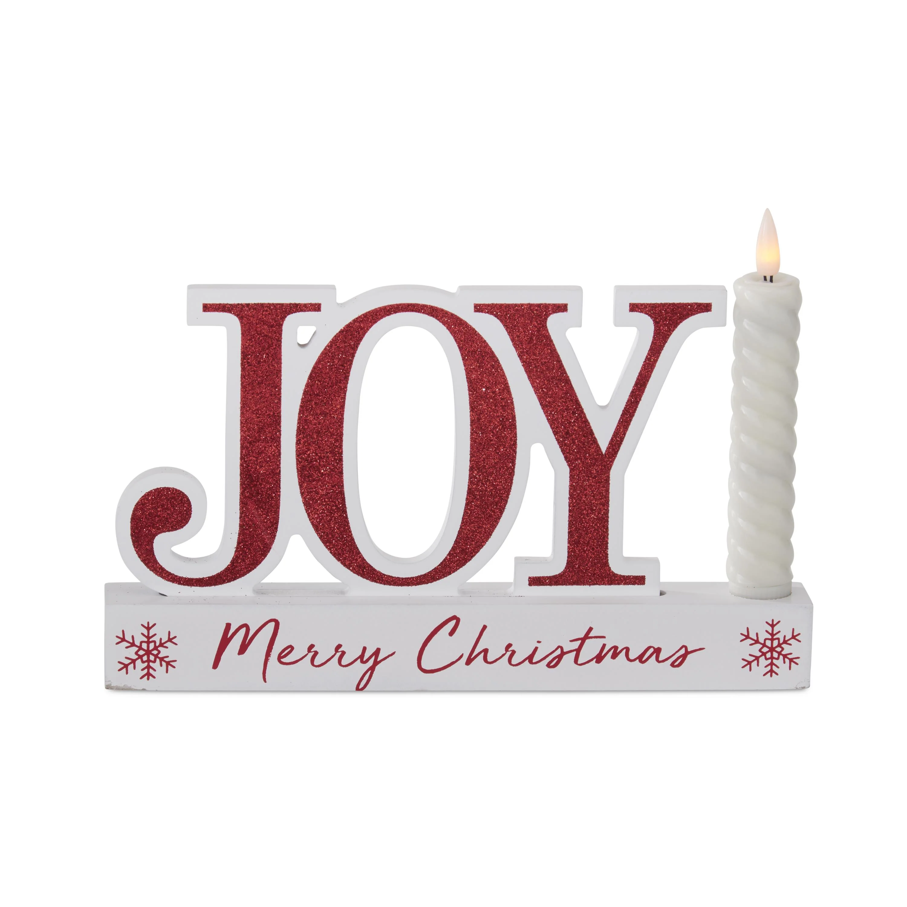 White & Red Christmas Message Joy Cutout w/ LED Candle, 9.5"
